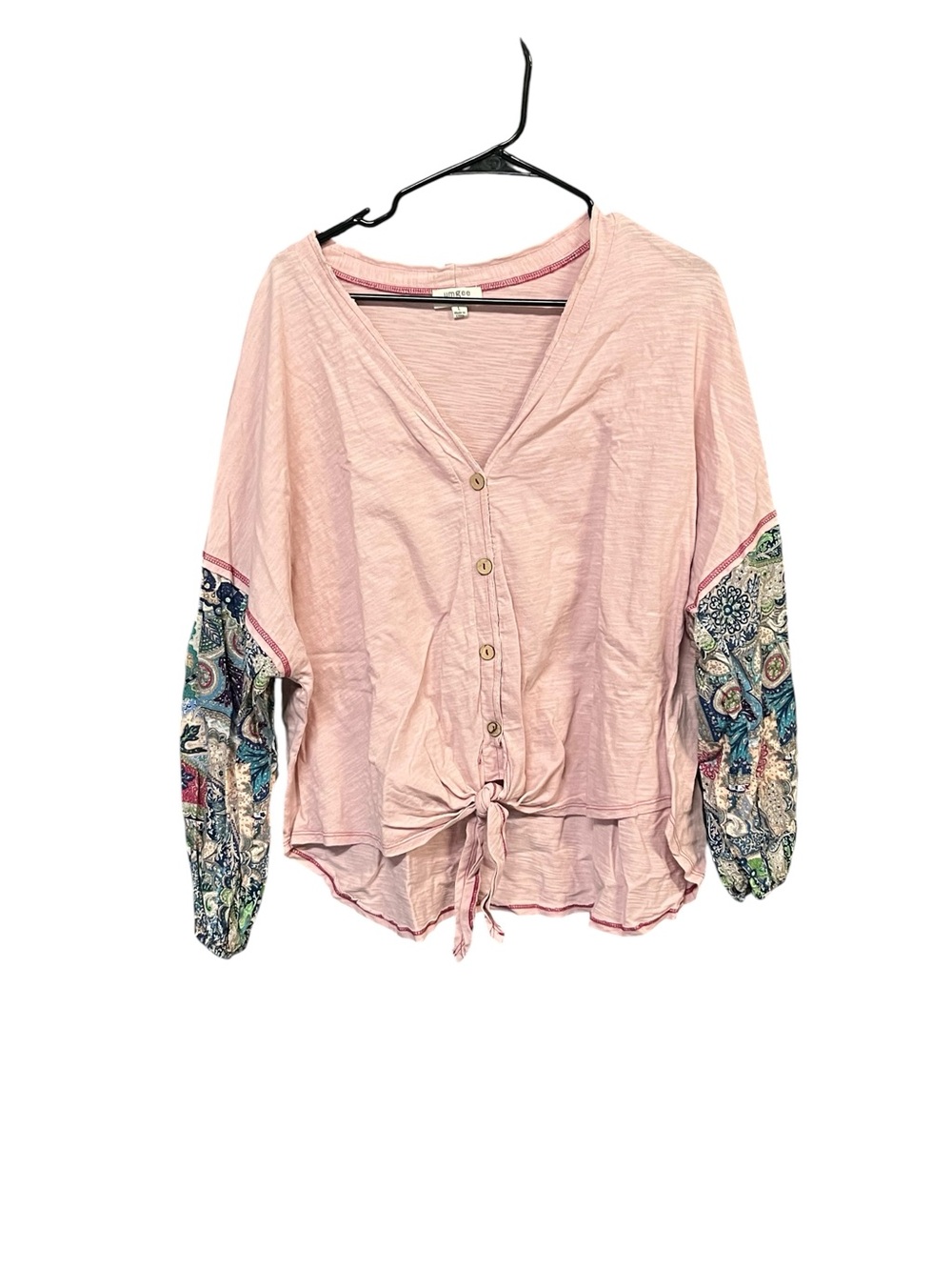 Umgee Womens L Pink Tie Front Top Paisley Mixed Media Boho Cotton Rayon Large